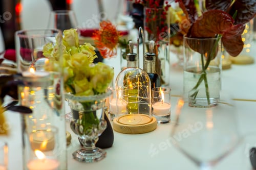 Preview: Electric And Natural Candles And Glass At The Table Setting