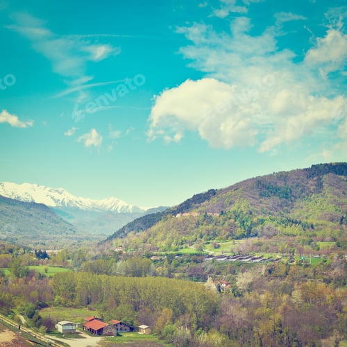 Preview: Farmhouse In Piedmont On The Background Of Snow-Capped Alps, Instagram Effect