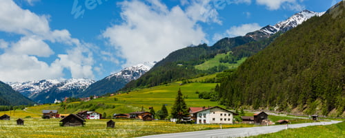 Preview: Summer Alpine Mountain Country View With Grassy Meadow And Road To Village (Austria)