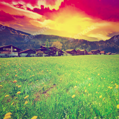 Aperçu: The Small Village High Up In The Swiss Alps, Sunset, Instagram Effect