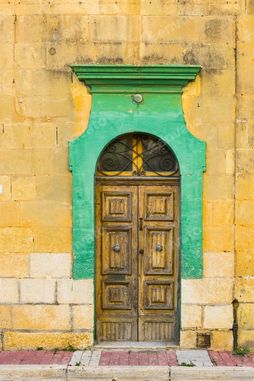 Preview: Building With Traditional Maltese Door In Historical Part Of Valletta. Entrance To An Old House On