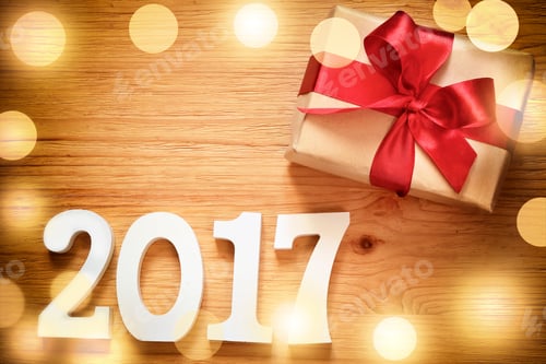 Preview: Present Box With Sign 2017 On Wooden Background In Vintage Style - Merry Christmas And Happy New