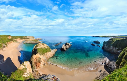 Preview: Sandy Mexota Beach (Spain). Morning Atlantic Ocean Coastline Landscape. Three Shots Stitch