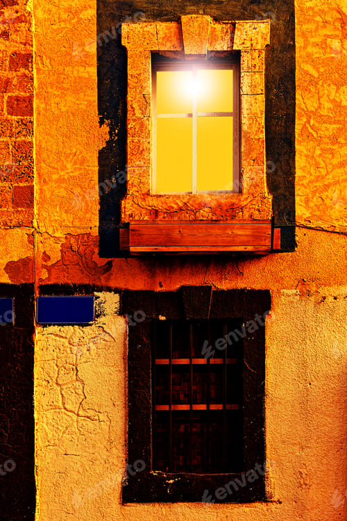 Preview: Israel Old Windows Decorated With Ceramic Flower Wooden Box In Jaffa At Night.