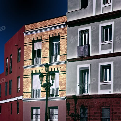 Preview: Facades Of The Houses In The Spanish City Of Cadis At Night, Retro Image Filtered Style