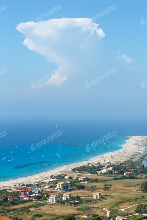 Preview: Beautiful Summer Lefkada Coast Beach And Kiteboarders (Greece, Ionian Sea, View From Up). All