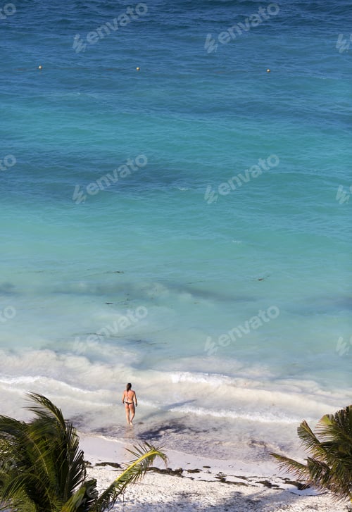 Preview: Aerial View On The Beach. Woman Walking On The Shore Wearing Bikinis. Vacation Concept Image Taken