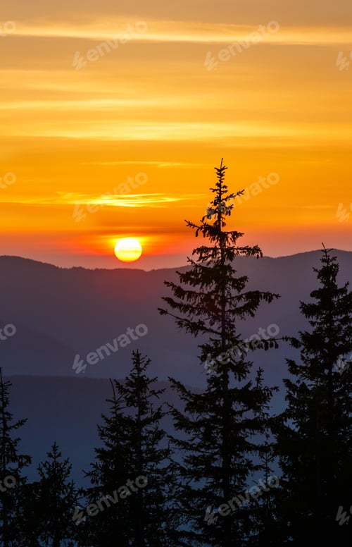 Preview: Colorful Sunset Landscape In Spring Carpathian Mountains, Ukraine, Europe.