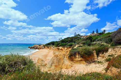 Preview: Summer Atlantic Rocky Coast View With House On Shore And Sandy Beach (Albufeira Outskirts, Algarve