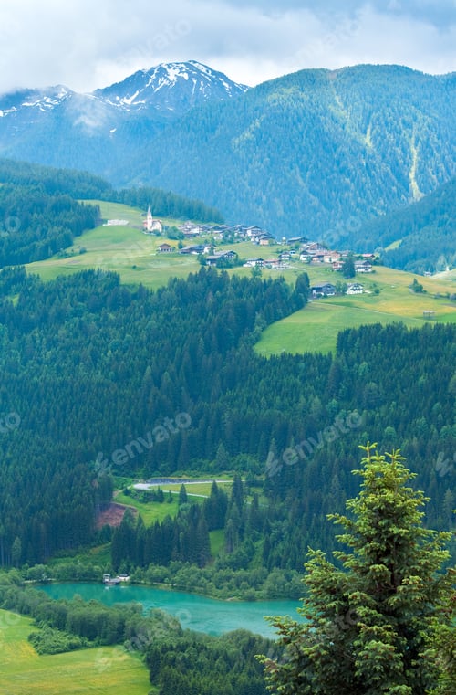 Preview: Summer Mountain Country View With Fir In Front.