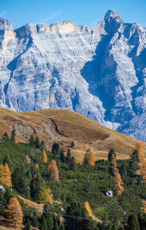 Preview: Autumn Alpine Dolomites Mountain Scene, Sudtirol, Italy. Peaceful View Near Gardena Pass