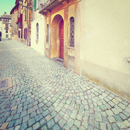Preview: Narrow Street With Old Buildings In Italian City In Piedmont, Retro Effect