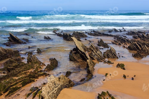 Preview: Rock Formations On Sandy Beach (Algarve, Costa Vicentina, Portugal).