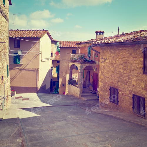 Preview: Historical Center With Old Buildings In Italian Medieval City, Retro Effect