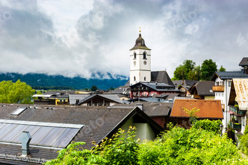 Preview: Pilgrimage Church Located Directly In The Centre Of St. Wolfgang In Austria. Rain, Morning Mist And