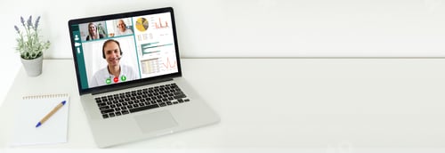 Preview: Headshot Screen Application View Of Diverse Multiracial Employees Have Work Web Conference Using