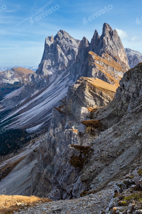Preview: Picturesque Autumn Alps Mountain Scene, Famous Italian Dolomites Seceda Majestic Rock, Sass Rigais