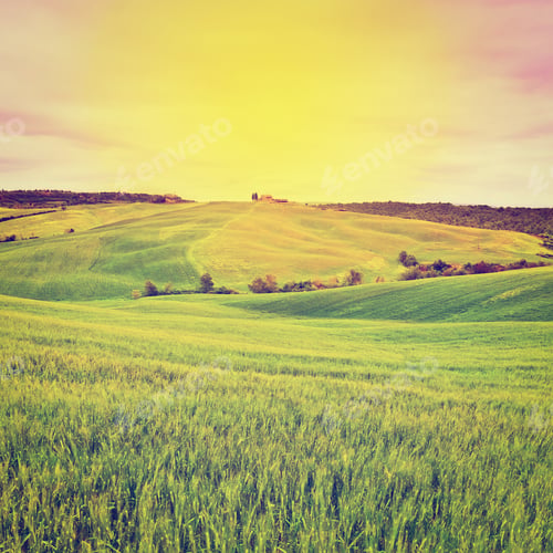 Preview: Farmhouse And Green Sloping Meadows Of Tuscany At Sunset, Instagram Effect