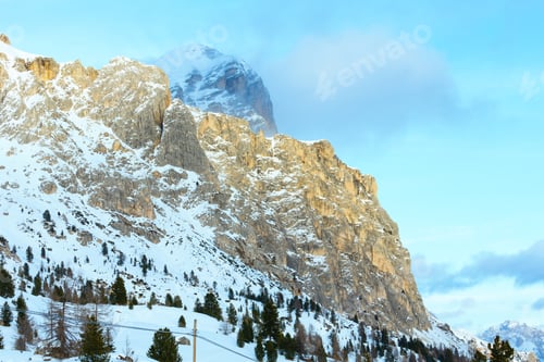 Preview: Beautiful Winter Mountain Landscape With Fir Tree On Slope (Falzarego Pass , Italy).