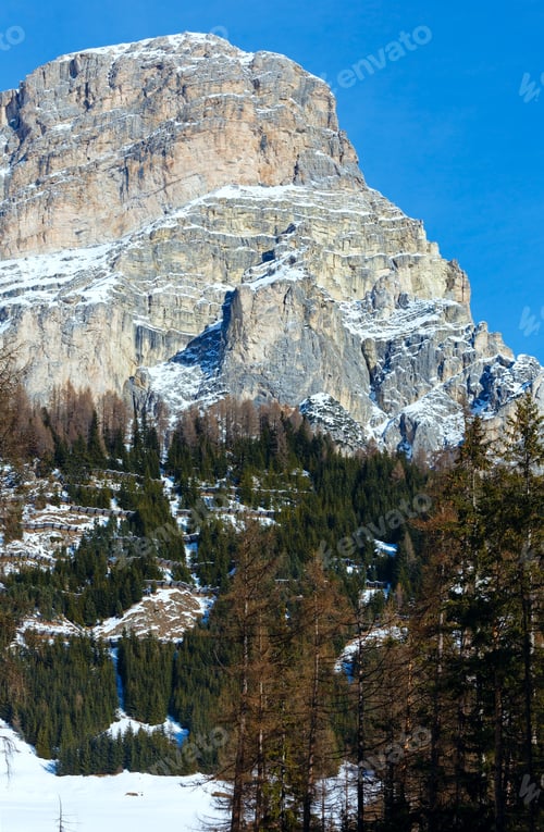 Preview: Beautiful Winter Rocky Mountain Landscape. Italy Dolomites, At The Foot Of Passo Gardena, South