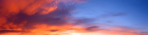 Preview: Summer Sunrise Red Sky Panorama With Fleese Clouds. Summer Morning Good Weather Background.