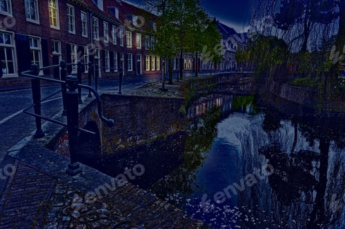 Preview: Urban Scene In Amersfoort With Typical Local Architecture At Night. Embankment In The Historical