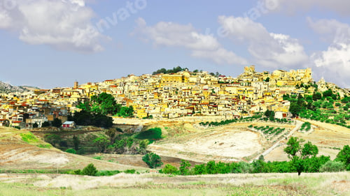 Preview: View To The Medieval City Of Pietraperria In Sicily, Retro Image Filtered Style
