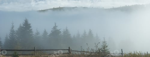 Preview: Misty Daybreak In Autumn Carpathian Mountain, Ukraine. Six Shots Stitch Image.