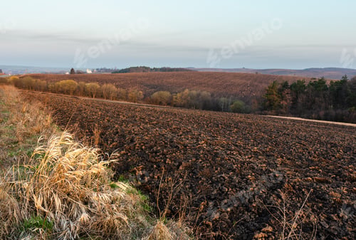 Preview: Spring Early Morning Rural Country Landscape With Plowed Agricultural Fields On Hills, Groves And
