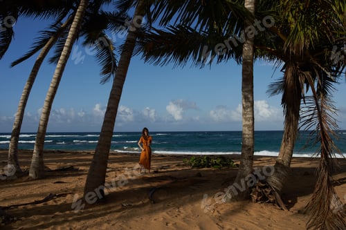 Preview: Model Woman Near Tall Palm Trees On The Island Near The Ocean