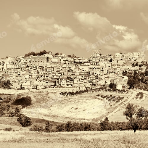 Preview: View To The Medieval City Of Pietraperria In Sicily, Retro Image Filtered Style