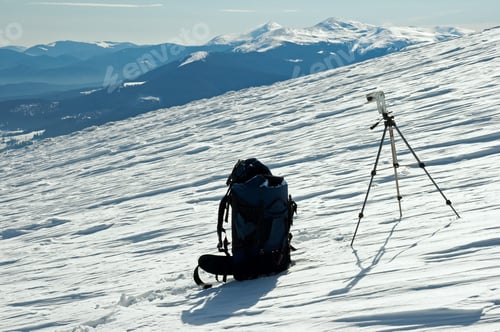 Preview: Winter Mountain Landscape With Tourist Knapsack And Photographic Tripod (Ukraine, Carpathian Mt'S