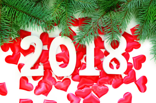 Preview: Happy New Year. 2018 Numbers On Red Hearts Background And Pine Branches.