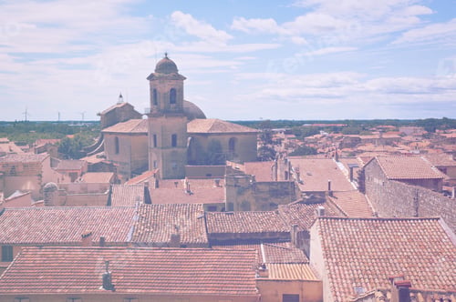 Preview: Deserted Tiled Roofs Of France In Faded Color Effect. An Optimistic View Over A Sleepy City Of