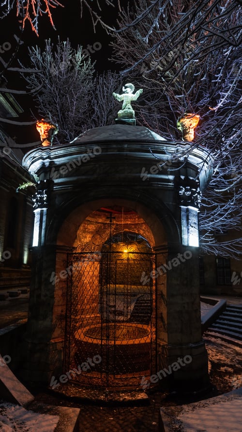 Preview: Beautiful Night Winter Lviv City (Ukraine) Illuminated Cityscape. Well Of Saint John Of Dukla In