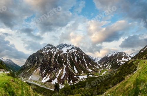 Preview: Summer Alps Mountain Landscape With Alpine Road And River, Fluela Pass, Switzerland