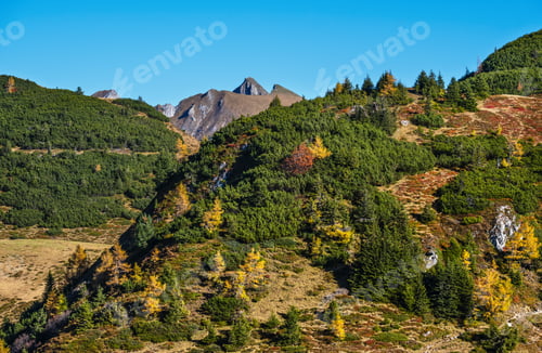 Preview: Sunny Idyllic Autumn Alpine Scene. Peaceful Alps Mountain View From Hiking Path From Dorfgastein To