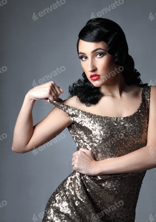 Preview: Beautiful Young Woman. Stylish Hairstyle, Make-Up Art. Vivid Emotions. Retro Style. Woman With