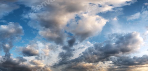 Preview: Summer Sunset Sky Panorama With Fleece Clouds. Summer Evening Good Weather Background. Three Shots
