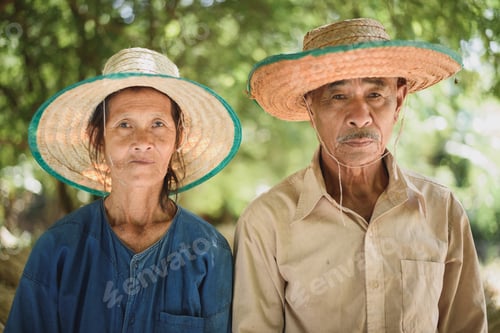Preview: Asian Old Couple Farmer Holding Paddy Form They Farm.