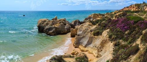 Preview: Summer Blossoming Atlantic Rocky Coast View With Purple Flowers And Narrow Sandy Beach (Albufeira