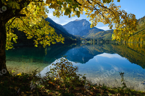 Preview: Sunny Idyllic Colorful Autumn Alpine View. Peaceful Mountain Lake With Clear Transparent Water And