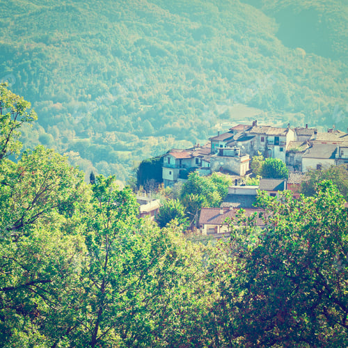 Preview: Medieval Italian City On A Hilltop Surrounded By Mountains Covered With Forests, Instagram Effect