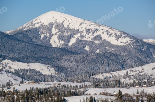 Preview: Winter Remote Alpine Village Outskirts, Countryside Hills, Groves And Farmlands View From Mountain