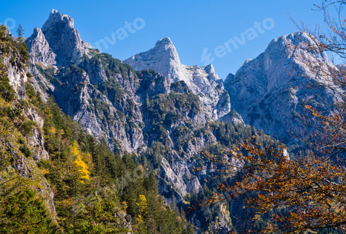Preview: Sunny Idyllic Colorful Autumn Alpine Scene. Peaceful Rocky Mountain View From Hiking Path Near