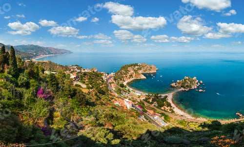 Preview: Beautiful Taormina Panoramic View From Up (Stairs To Taormina), Sicily, Italy. Sicilian Seascape