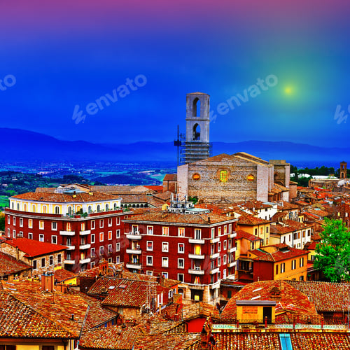 Preview: Aerial View To Historic Center City Of Perugia In Italy At Night