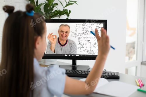 Preview: Pretty Stylish Schoolgirl Studying Homework Math During Her Online Lesson At Home, Social Distance