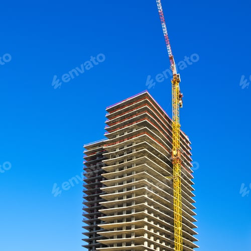 Preview: Crane And Building Under Construction In Tel-Aviv. Industrial Construction Crane In Israel.