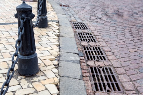 Preview: Hatches Of The Drainage System Of The Road Paved With Paving Stones With A Curb And Stone Tiles On